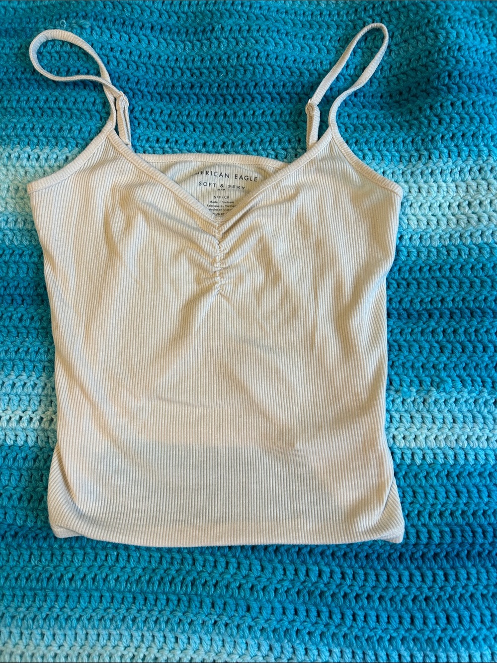 American Eagle Outfitters Cream Ribbed V-Neck Cinched Cami